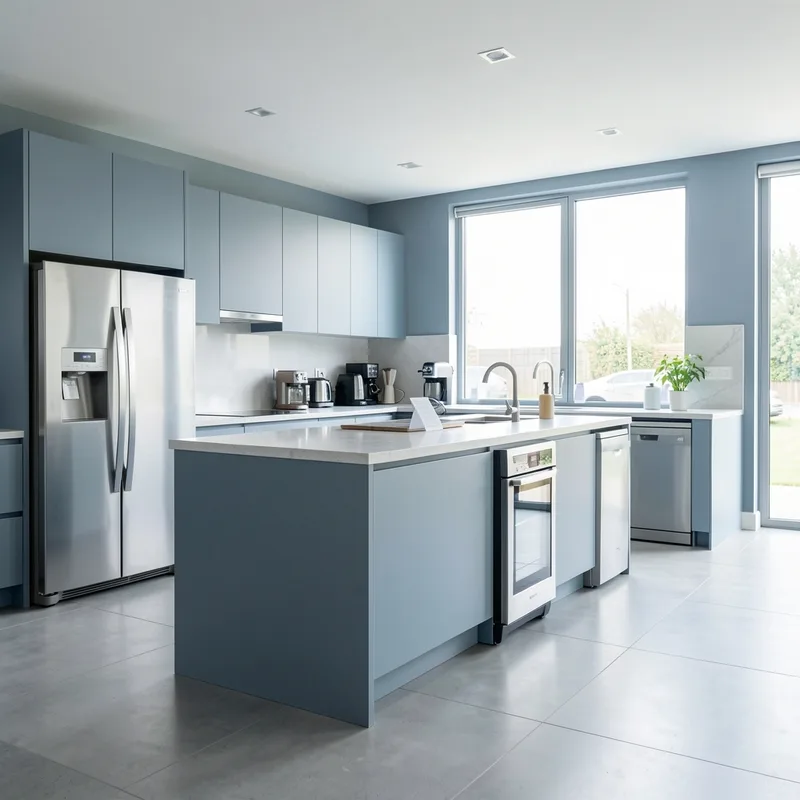 Cuisine équipée moderne avec lave-vaisselle, four encastré et réfrigérateur en inox